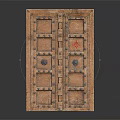 Vintage Wooden Double Doors With Metal Rivets And Red Decorative Symbol