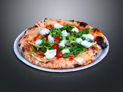 Fresh Handmade Pizza With Tomato Feta Cheese Arugula And Charred Crust On White Plate 3d model