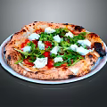 Fresh Handmade Pizza With Tomato Feta Cheese Arugula And Charred Crust On White Plate