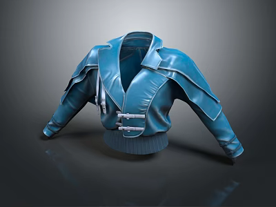 Blue Leather Jacket With Shoulder Straps Buckle Details Ribbed Waistband Modern Design 3d model