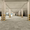 Parking Garage With Concrete Pillars Yellow Black Warning Strips Gray Concrete Floor And Brick Wall