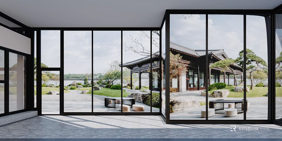 Contemporary Living Dining Room Interior With Expansive Glass Windows And Scenic Chinese Courtyard 3d model 