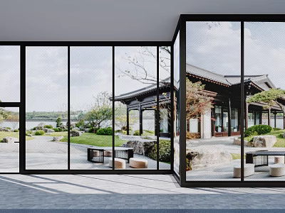 Contemporary Living Dining Room Interior With Expansive Glass Windows And Scenic Chinese Courtyard 3d model