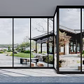 Contemporary Living Dining Room Interior With Expansive Glass Windows And Scenic Chinese Courtyard