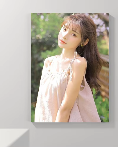 Woman in light pink camisole dress with long hair standing outdoors near green plants smiling 3d model