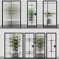 Modern Interior Glass Doors With Various Patterns Black Frames And Green Plants 3d model