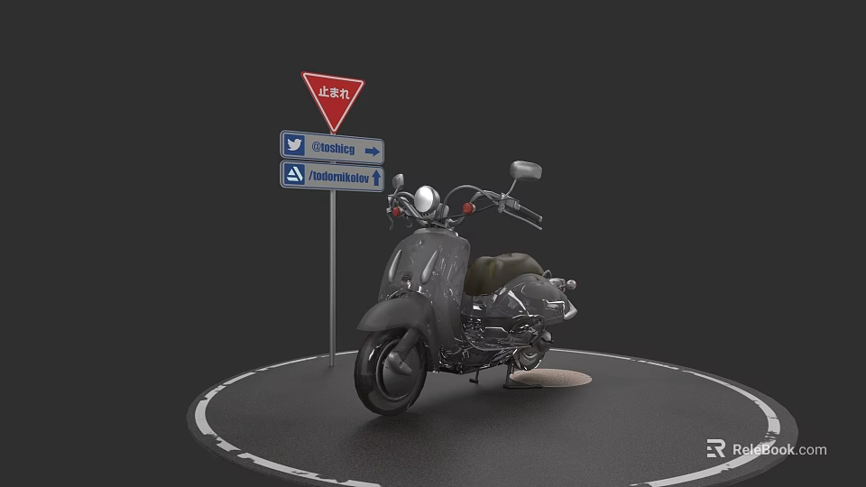 Vintage Motorcycle Parked By Traffic Signs In Vinkenslag Nijmegen Circular Area 3d model 
