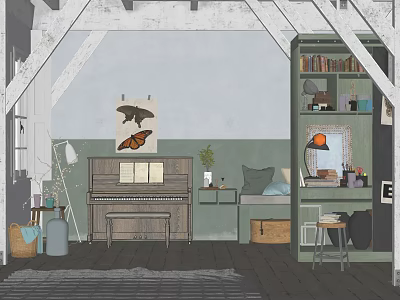 Piano Room Interior With Cozy Ambience Vintage Art And Bookshelf 3d model