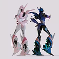 Futuristic Blue Purple And Pink White Robot Figures With Standing Mechanical Design