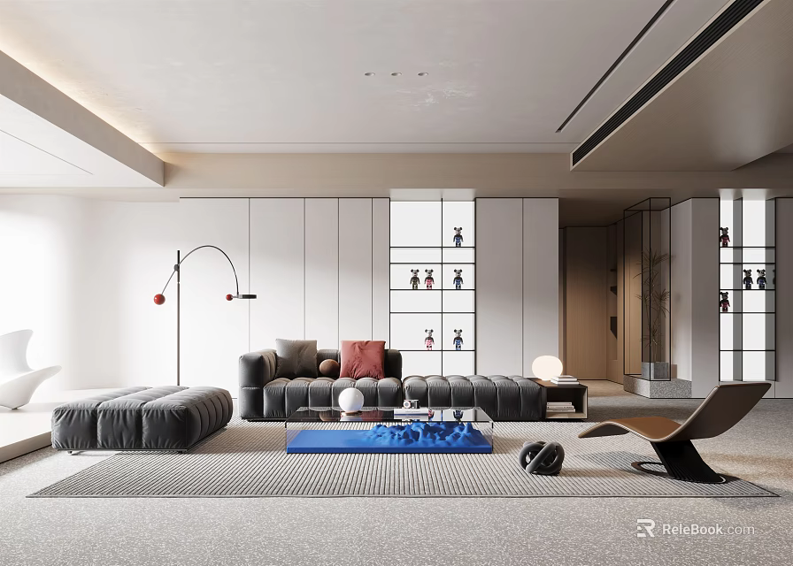 Modern Living Room Interior With Gray Sofa Red Cushions Blue Coffee Table And Cabinets 3d model 