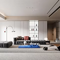 Modern Living Room Interior With Gray Sofa Red Cushions Blue Coffee Table And Cabinets