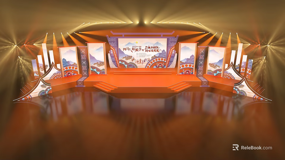 Chinese Style Stage Design With Orange Backdrop Mountain Patterns And Decorations 3d model