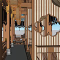 Traditional Chinese Restaurant Interior With Wooden Structure Lanterns Round Windows And Outdoor Views