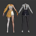 Stylish Fashion Outfits On Mannequins With Yellow Top White Shorts And Dark Skirt