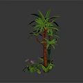 Cartoon Scenery With Green Plants Red Tree Trunks Palm Trees Vines Small Shrubs And Flowers