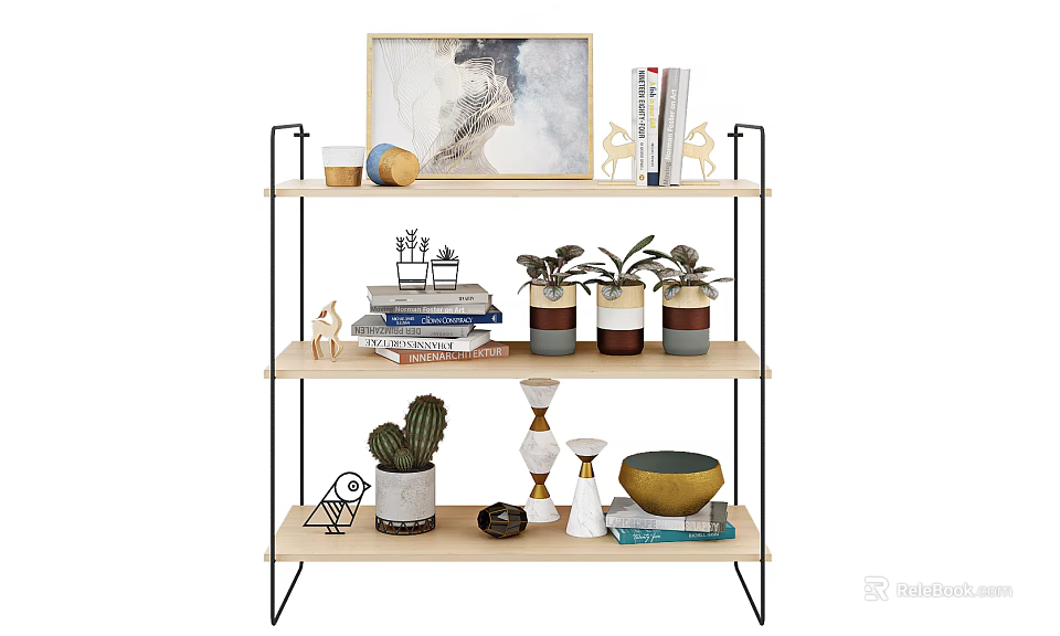 Modern Wooden Metal Shelving Unit With Decorative Items Plants Books And Artwork 3d model 