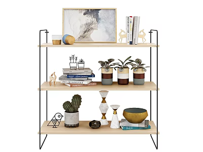 Modern Wooden Metal Shelving Unit With Decorative Items Plants Books And Artwork 3d model