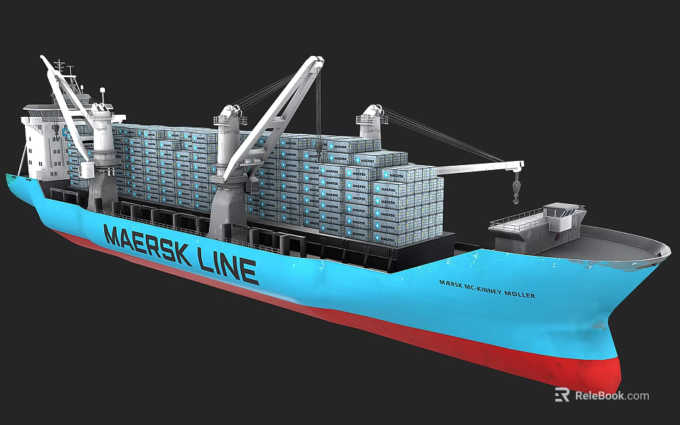 Maersk Line Blue Hull Container Ship With Shipping Containers And Cranes 3d model 