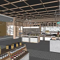 Modern Retail Store Interior With Wooden Ceiling Shelves Counters And Display Areas