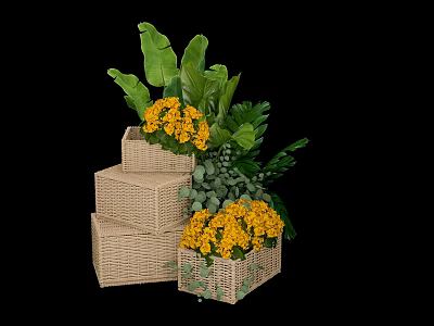 Elegant Floral Display with Yellow Flowers and Green Foliage in Stacked Woven Baskets 3d model