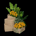 Elegant Floral Display with Yellow Flowers and Green Foliage in Stacked Woven Baskets