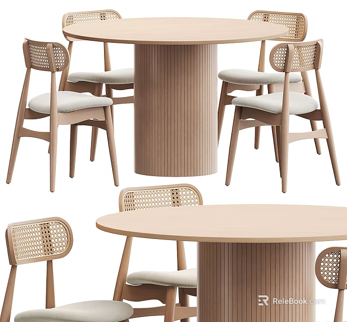 Minimalist Wooden Dining Table And Chairs Set With Round Top Wicker Back And Upholstered Seats 3d model 