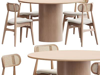 Minimalist Wooden Dining Table And Chairs Set With Round Top Wicker Back And Upholstered Seats 3d model