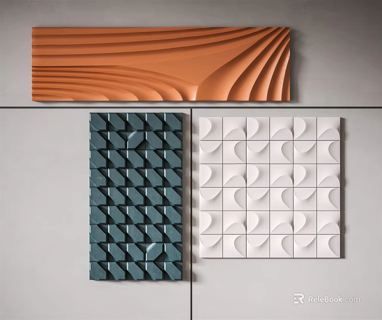 Textured Modern Wall Decor Featuring Wavy Orange Panel And Geometric Teal White Panels 3d model