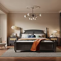 Warm Modern Bedroom Interior With Dark Four Poster Bed Orange Blanket And Chandelier