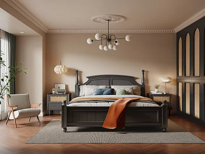 Warm Modern Bedroom Interior With Dark Four Poster Bed Orange Blanket And Chandelier 3d model
