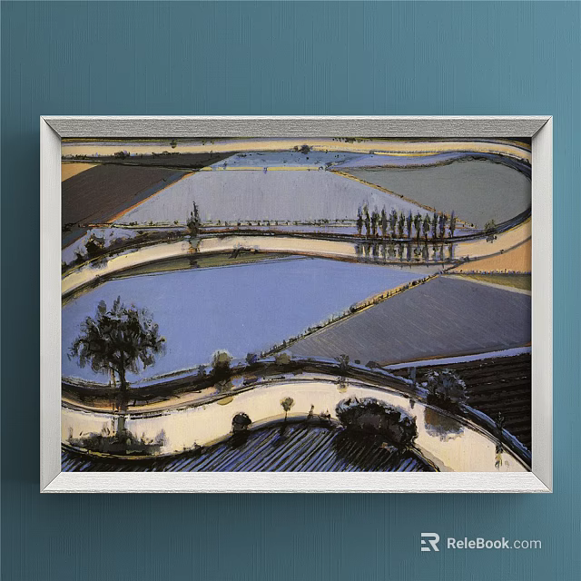 Serene Rural Landscape Painting With Rolling Fields Lush Trees And Winding Path 3d model