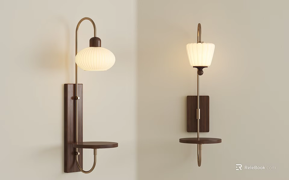 Modern Wall Lamps with Metal Brackets Wooden Shelves and White Shades for Home Interior Decor 3d model 