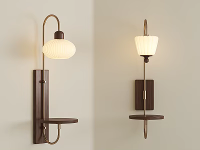 Modern Wall Lamps with Metal Brackets Wooden Shelves and White Shades for Home Interior Decor 3d model