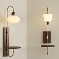 Modern Wall Lamps with Metal Brackets Wooden Shelves and White Shades for Home Interior Decor