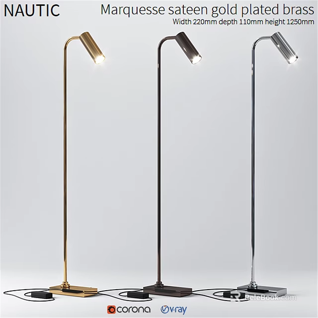 Three Modern Minimalist Floor Lamps In Gold Black Silver Metal Finish Illuminated 3d model 