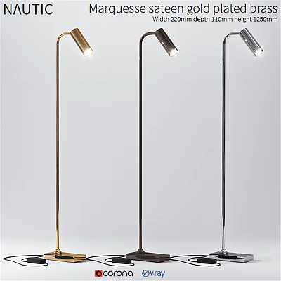 Three Modern Minimalist Floor Lamps In Gold Black Silver Metal Finish Illuminated 3d model