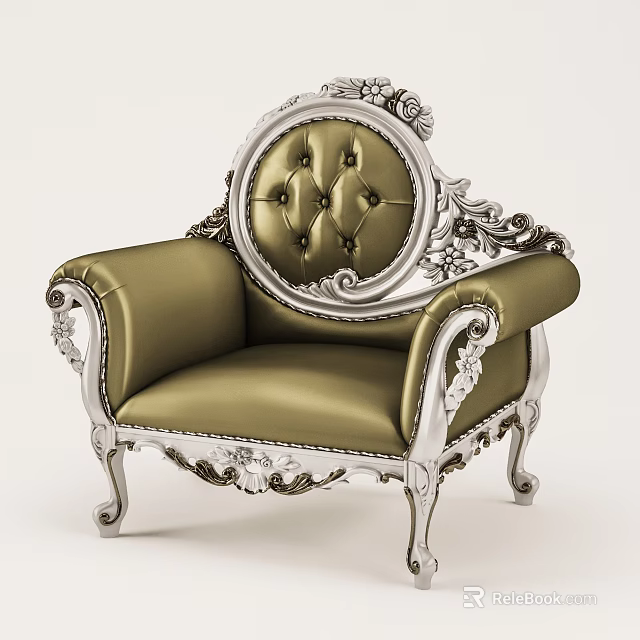 Ornate Classical Single Sofa With Silver Carved Frame And Green Leather Tufted Backrest 3d model 