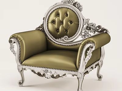 Ornate Classical Single Sofa With Silver Carved Frame And Green Leather Tufted Backrest 3d model