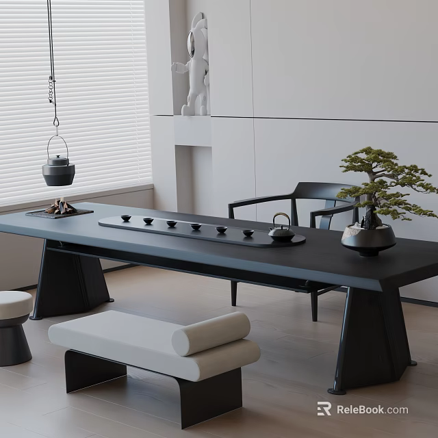 Minimalist Tea Room Interior With Long Table Tea Sets Bonsai And Chairs 3d model