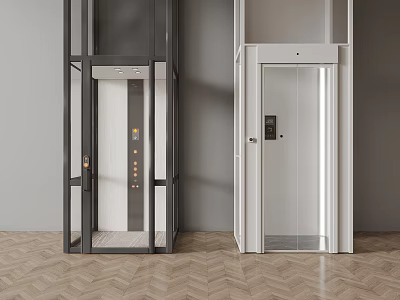 Modern Black and White Glass Door Elevators in Interior Space With Wooden Floor 3d model