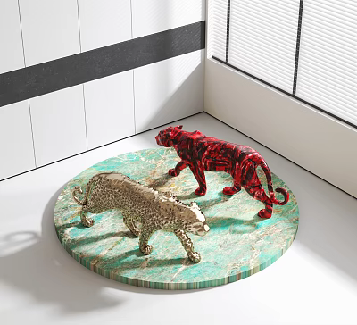 Red And Gold Animal Sculptures On Circular Green Marble Base In Modern Interior 3d model