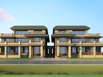 Modern Two Story Single Family Villa With Symmetrical Facade Large Windows And Front Balconies 3d model