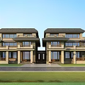 Modern Two Story Single Family Villa With Symmetrical Facade Large Windows And Front Balconies