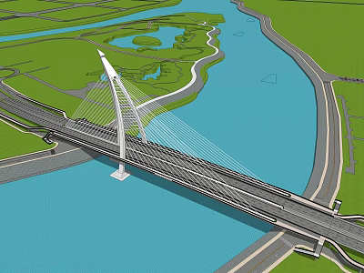 Modern Cable Stayed Bridge Design Spanning River With Surrounding Roads And Green Areas 3d model