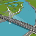 Modern Cable Stayed Bridge Design Spanning River With Surrounding Roads And Green Areas 3d model