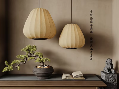 Hanging Beige Lanterns In Minimalist Interior With Bonsai Open Book And Statue 3d model