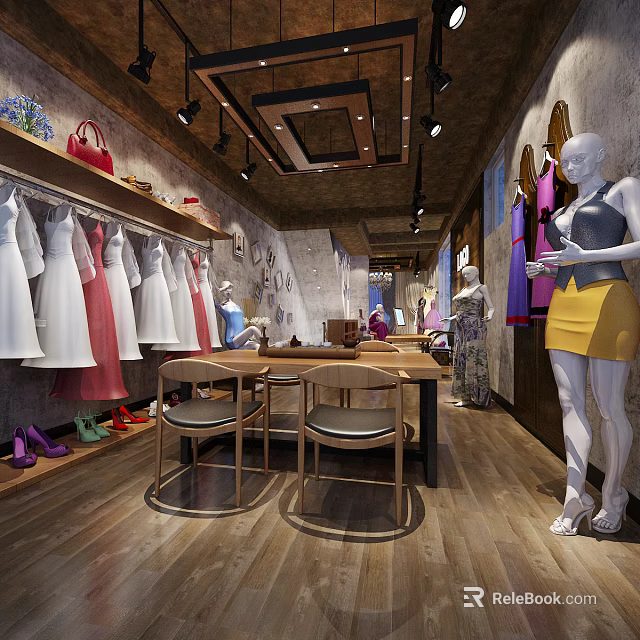 Stylish Clothing Store Interior with Hanging Dresses Mannequins Shoes Tables and Chairs 3d model 