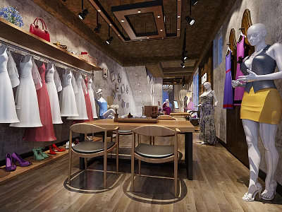 Stylish Clothing Store Interior with Hanging Dresses Mannequins Shoes Tables and Chairs 3d model