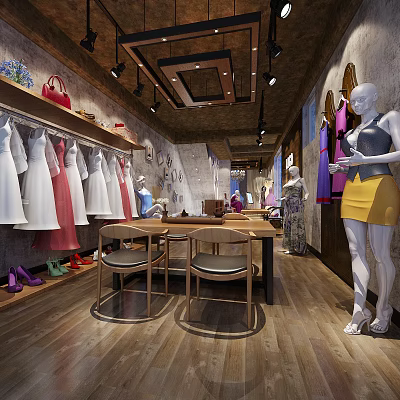 Stylish Clothing Store Interior with Hanging Dresses Mannequins Shoes Tables and Chairs 3d model