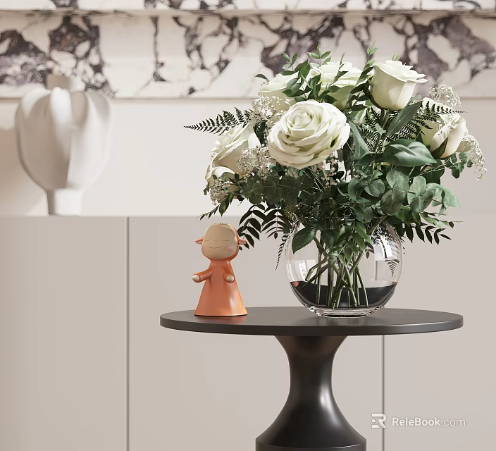 White Rose Bouquet In Clear Glass Vase With Orange Figurine On Black Round Table 3d model 